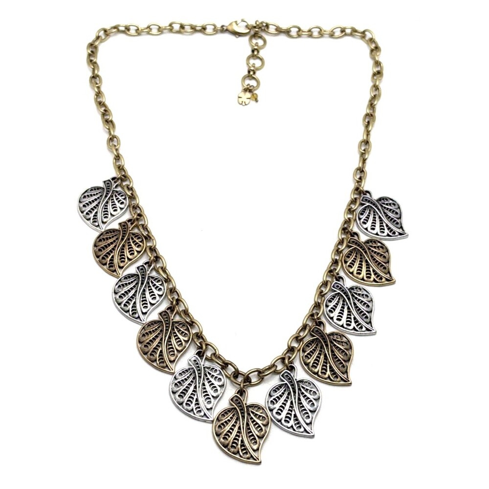 NWOT Lucky Brand Leaves Charm Necklace Silver & Bronze Tone Statement 20" - 22"
